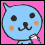 Pixelated blue cat-like character with black eyes and nose, orange cheeks, holding a white object against pink background; yellow with Japanese text and "Qoo" below