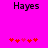 Bright pink background with black text 'Hayes' at top and five red pixelated heart shapes below, arranged in a horizontal