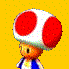 Pixelated character with red-and-white mushroom cap, blue overalls, and orange skin against yellow dotted background.
