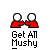 Pixel art of two red-shirted figures holding hands with white heads, one figure's hand moves to touch the other's head while a heart appears above them.