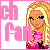 Pixelated image of a blonde woman with blue eyes and pink clothing, next to large pink text reading 'ch fan' on white background.