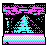 Pixel art of a blue figure with pink accents against a black background, surrounded by pink and cyan pixel clusters, with a checkered base.