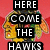 Pixelated image of a Native American head with feather headdress on red background, overlaid with black text blocks reading "HERE COME THE HAWKS LETS GET THE CUP!" and "RED RISING".