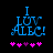 Blue pixelated text "I LUV ABC!" with pink and purple asterisks below on black background, showing animation