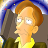 Pixelated cartoon character with orange hair, glasses, yellow shirt, and brown jacket against a blue and white starry background.