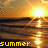Animated sunset over water with text 'summer' and ''09' in yellow pixelated font on black bars.