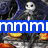 Pixelated cartoon character with white face and black eyes, dark blue hair, and gray clothing, set against a dark background with orange and yellow shapes, with overlaid text in blue, black, and green.