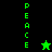 A split-screen digital icon with vertical green text 'PEACE' on black and green backgrounds, featuring a green star on black and a black star on green.
