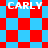 A pixelated image with red and blue checkered patterns, four instances of the text 'CARLY' in white capital letters on a light blue background.