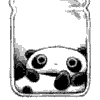 Black-and-white cartoon panda in a glass jar with large eyes and a small mouth, two versions show 'SHAKE' text in purple above the panda.