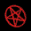 Red circular symbols on black background transition from pentagram to abstract shapes through