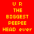 Red background with yellow pixelated text reading 'UR THE BIGGEST PEEPEE HEAD ever' in three , with black rectangular blocks replacing 'BIGGEST' in some