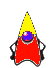 A red, yellow, and purple cartoon character with a pointed hat performs sequential hand gestures against a gray background.