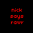Red pixelated text 'nick says rawr' appears in four distinct positions across a black background with white rectangular overlays shifting between frames.
