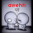 Pixelated image of two gray cartoon heads with one eye each, red text above reading 'awehh', and a small flag-like shape between them.