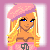 Pixel art of a blonde woman in a pink beret and off-shoulder top, shown in three poses with changing clothing and accessories.