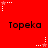 Red background with repeated 'Topeka' text and white star-shaped icons with dotted lines in corners and center.