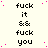 Pixelated text repeats 'fuck it && fuck you' in a pattern with scattered pink dots on a light background