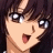 A 48x48 pixel buddy icon featuring a close-up of an anime-style character's face on the left and text elements on a black background to the right, with visible dithering and pixelation typical of early digital art.