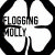Animated contact sheet of Flogging Molly icon frames showing text variations and color transitions on a tricolor background.