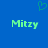 Blue background with green pixelated text 'Mitzy' on left and right, a small heart symbol above center.