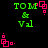 Green 'TOM & Val' text on black background with pink square-dot animation elements in four corners.