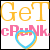Pixelated graphic with yellow 'GeT' text above pink 'cRuNk' text, a blue and yellow heart symbol overlapping the pink text, and white background.