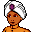 Pixelated cartoon character with orange skin wearing a white turban and orange outfit, static single-frame image.