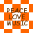 Four orange and white patterned display 'PEACE LOVE MUSIC' text in brown pixelated font, each with distinct geometric background shapes