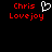 Red pixelated text 'Chris Lovejoy' appears on black background with a white heart symbol above the name.