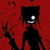 Black silhouette figure with glowing white eye and wide grin on red background, holding thin dark branches, with visible pixelated texture.