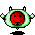 Pixelated cartoon devil with red face, green halo-like outline, and two white horns; arms raised in four showing slight motion blur