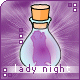 Animated icon of a glass bottle with cork containing purple liquid and small creature, set against radiating purple background with 'lady night' text below.