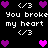 Pixelated icon with black background, white text, and purple/pink heart symbols arranged in a pattern
