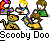 Animated contact sheet of Scooby-Doo characters in pixel art style with multiple frames showing different poses and expressions, including speech bubbles and action sequences.
