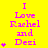 Yellow background with pink text reading "I Love Rachel and Desi" and varying numbers of small purple stars below the text.