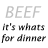A 48x48 pixel animated contact sheet showing two frames of a text-based buddy icon with "BEEF" and "It's whats for dinner" in gray and red pixelated fonts on white background.