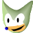 Pixelated green cartoon head with large white eyes, black pupils, orange mouth, and blue nose on gray background.