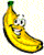 Animated pixel art of a smiling anthropomorphic banana with two distinct facial expressions across sampled frames, displayed in a contact sheet layout on a transparent background.