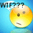 Yellow circular face with brown eyes and a small mouth, blue background, "WTF???" text above, light blue collar, pixelated style.