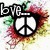 A single animated icon displays changing text above a peace symbol with a colorful splatter background.