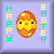 Pixel art Easter icon featuring a smiling egg character with changing text colors across two frames on a light purple background.