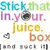 Pixelated text and a juice box icon with a straw, featuring multicolored and grayscale text elements.