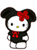 Hello Kitty character with black mouse ears and red bow, wearing black dress with red bow, standing against gray background with two poses.