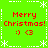Green pixelated icon with red text "Merry Christmas!" and smiley face ")3" in four quadrants, bordered by white snowflakes and dashed lines.
