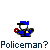 Pixelated character in blue uniform with red prop, transitioning from 'Policeman?' text to 'Or...' then to 'PIG!!!!' with pink tail.