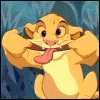 Animated sequence of a cartoon lion cub with light brown fur and pink nose, pulling its mouth wide with both paws while sticking out its tongue against a blue patterned background.