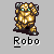 Pixelated robot icon with golden armor, green eyes, and dark gray accents in three poses beneath the text "Robo".
