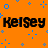Orange background with blue pixelated shapes and black text reading 'Kelsey' in three separate instances.