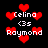 Pixelated red hearts float around white text reading Celina, 3s, and Raymond on a black background.